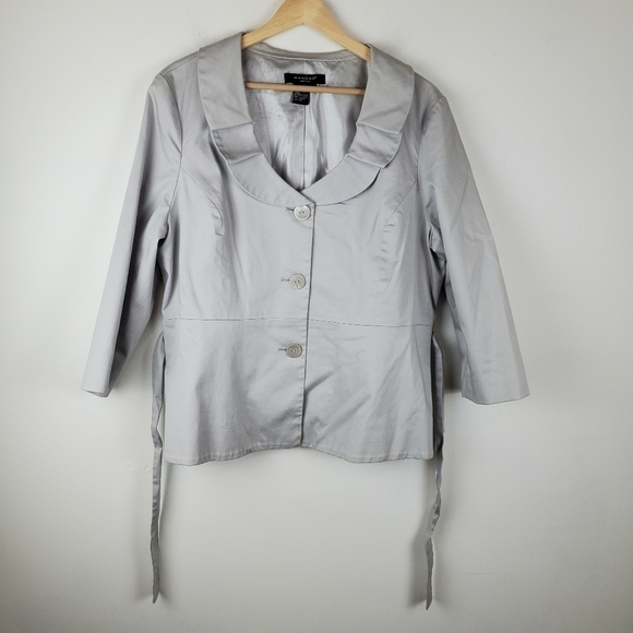 Sandro Jacket Womens Large Gray Silver Blazer Tie Waist Button Up 3/4 sleeves - Picture 3 of 13